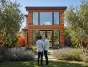 Portrait view of a couple from behind, looking at a stylish accessory dwelling unit (ADU) in a San Jose garden featuring lavender plants and olive trees under a clear blue sky