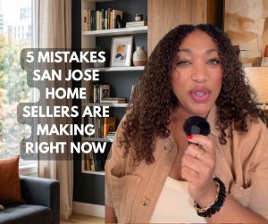Michelle Elliott speaking into a microphone with text overlay reading "5 Mistakes San Jose Home Sellers Are Making Right Now