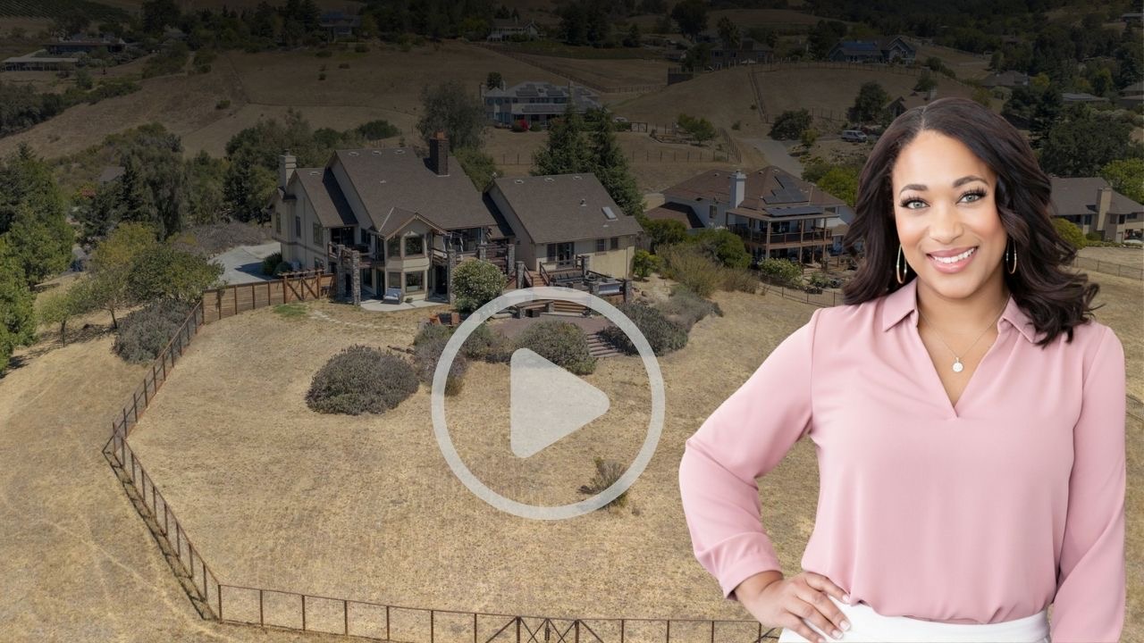 Real estate agent presenting video tour thumbnail of 3020 3 Springs Rd luxury estate in San Jose foothills.