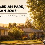 A photograph of a tree-lined residential street in the Cambrian Park neighborhood of San Jose, California. Single-family ranch-style homes sit behind green lawns, with a green Jarvis Ave street sign and a silver Mercedes-Benz sedan visible under a canopy of large, mature oak trees.