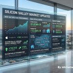 Silicon Valley market updates on a digital display in a modern office, showing San Jose, Willow Glen, and Campbell real estate trends.