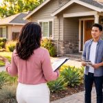 San Jose Realtor Michelle Elliott, seen from behind, giving a home tour to a young couple outside a one-story suburban home in San Jose.