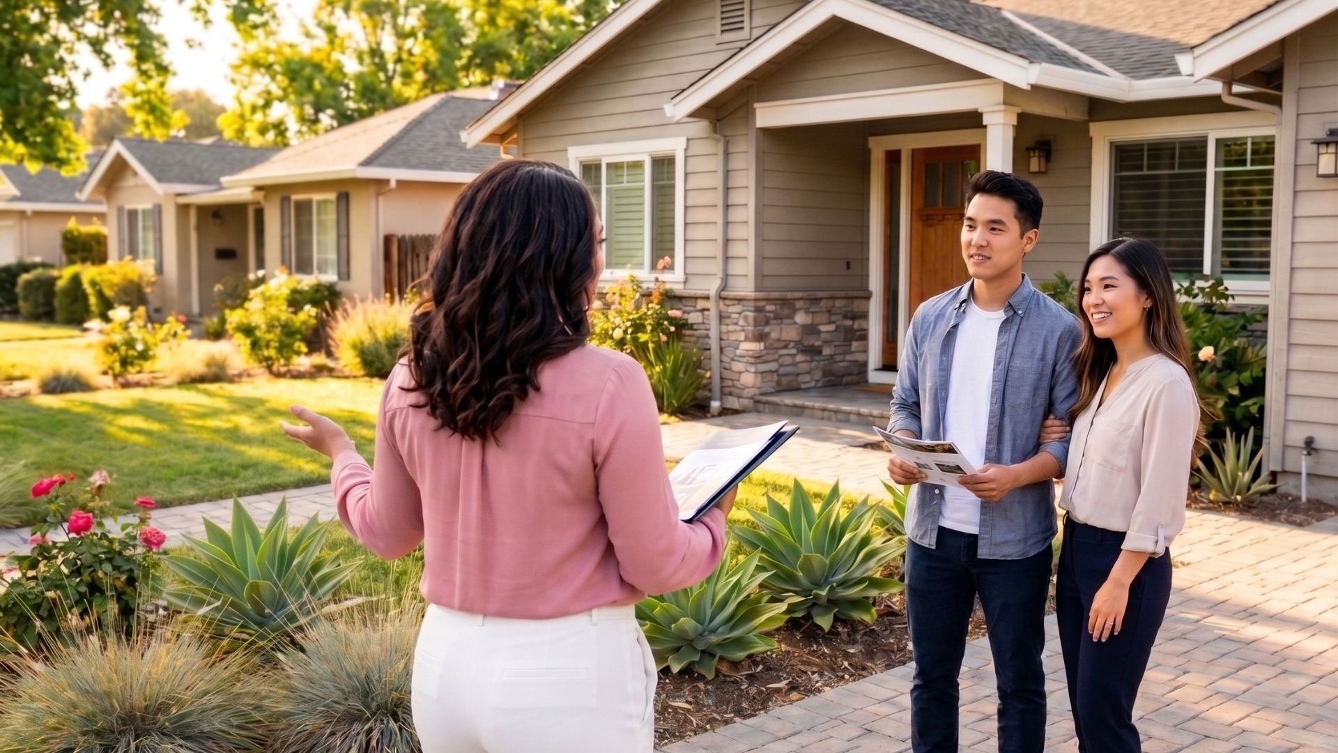 San Jose Realtor Michelle Elliott, seen from behind, giving a home tour to a young couple outside a one-story suburban home in San Jose.