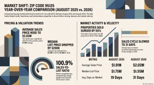 Willow Glen 95125 August 2025 versus August 2026 real estate statistics showing sales prices, closed sales and days on market