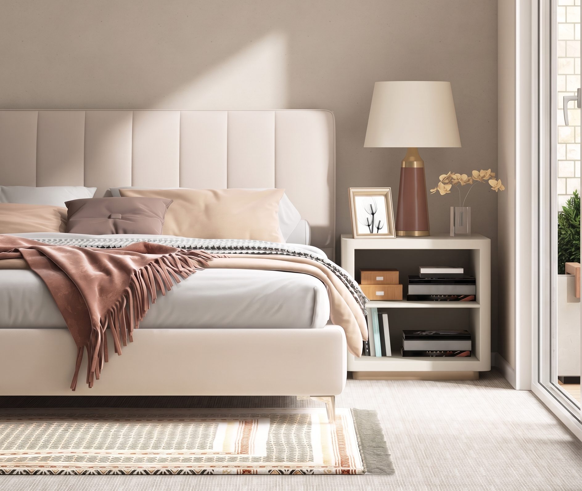 Restful bedroom featuring neutral bedding, soft natural lighting, warm wood furniture, and calming interior design.
