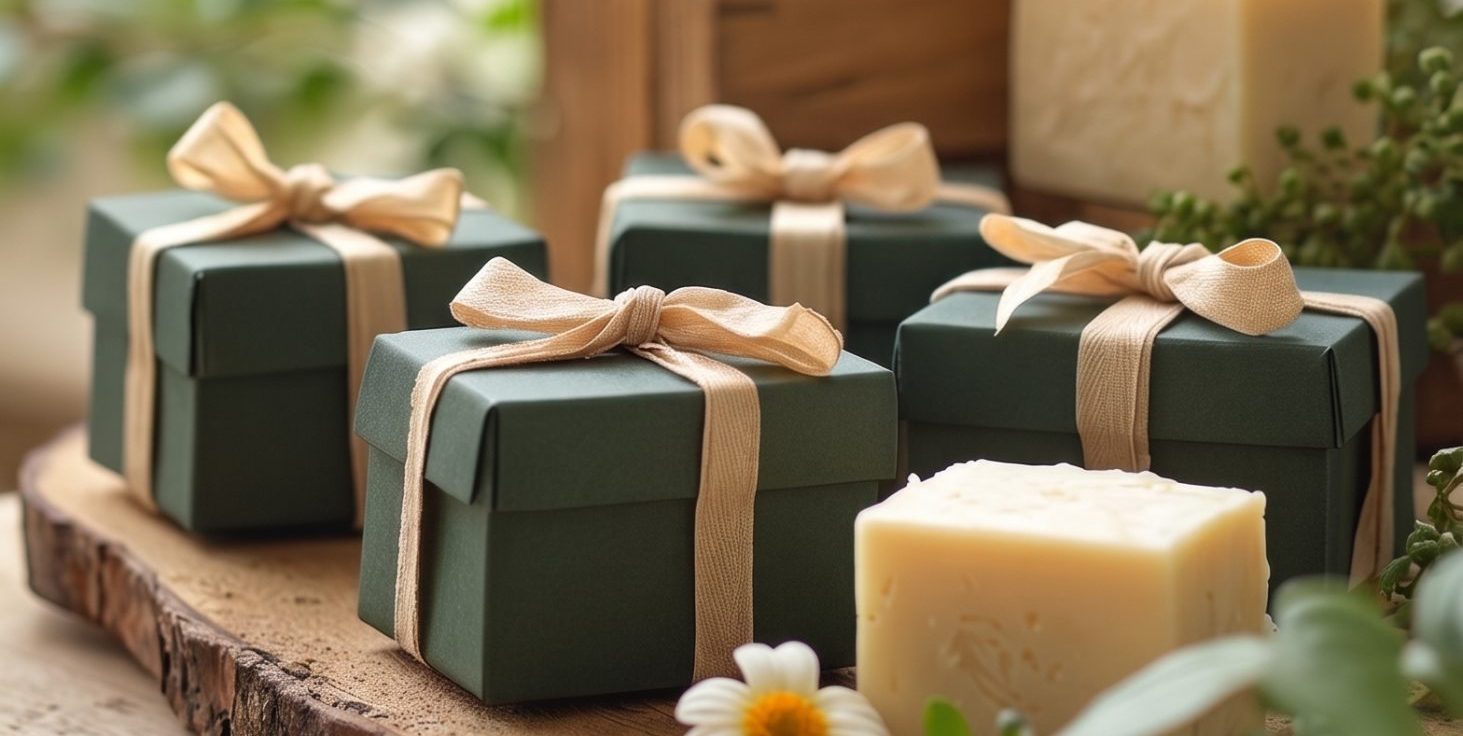 Thoughtfully wrapped holiday host gifts in forest green boxes with cream ribbons, displayed alongside handmade soap and greenery.