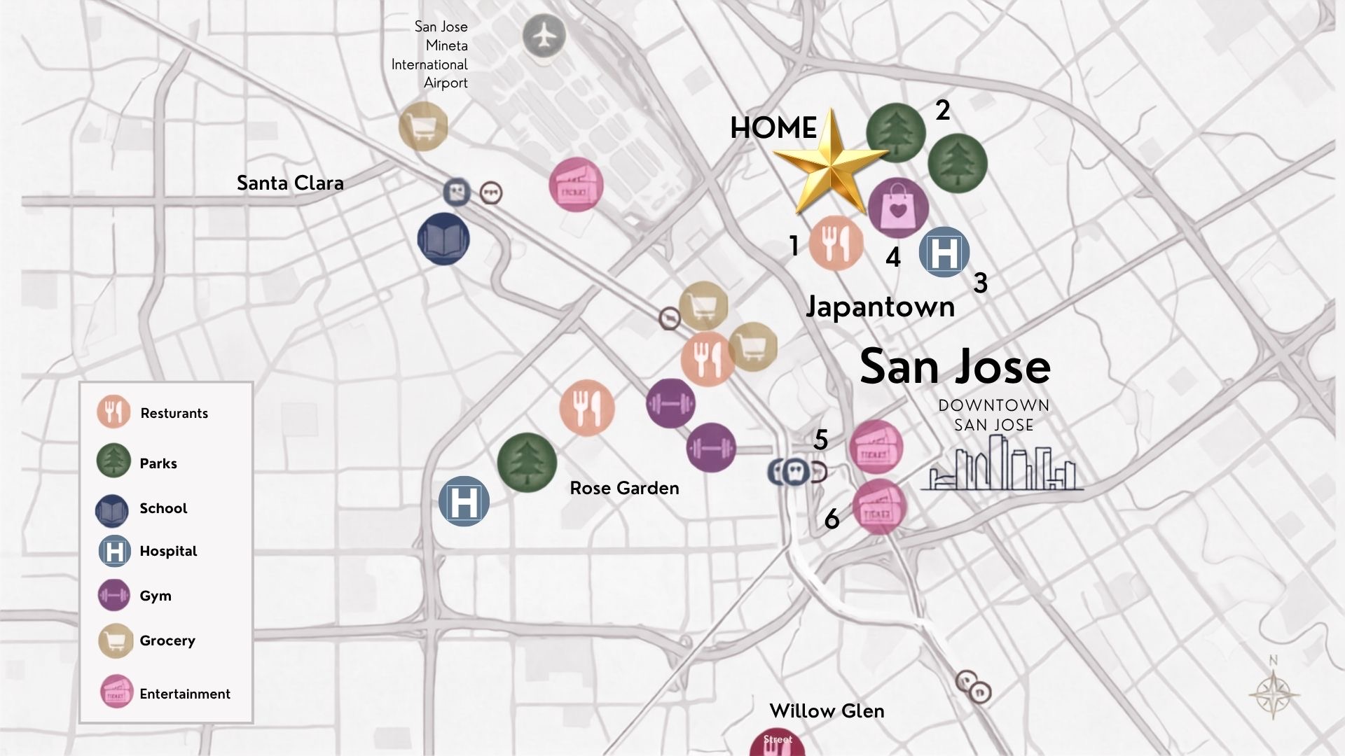 Illustrated neighborhood map of San Jose featuring numbered, color-coded icons for local attractions, restaurants, and a gold star labeling the home location near Japantown.