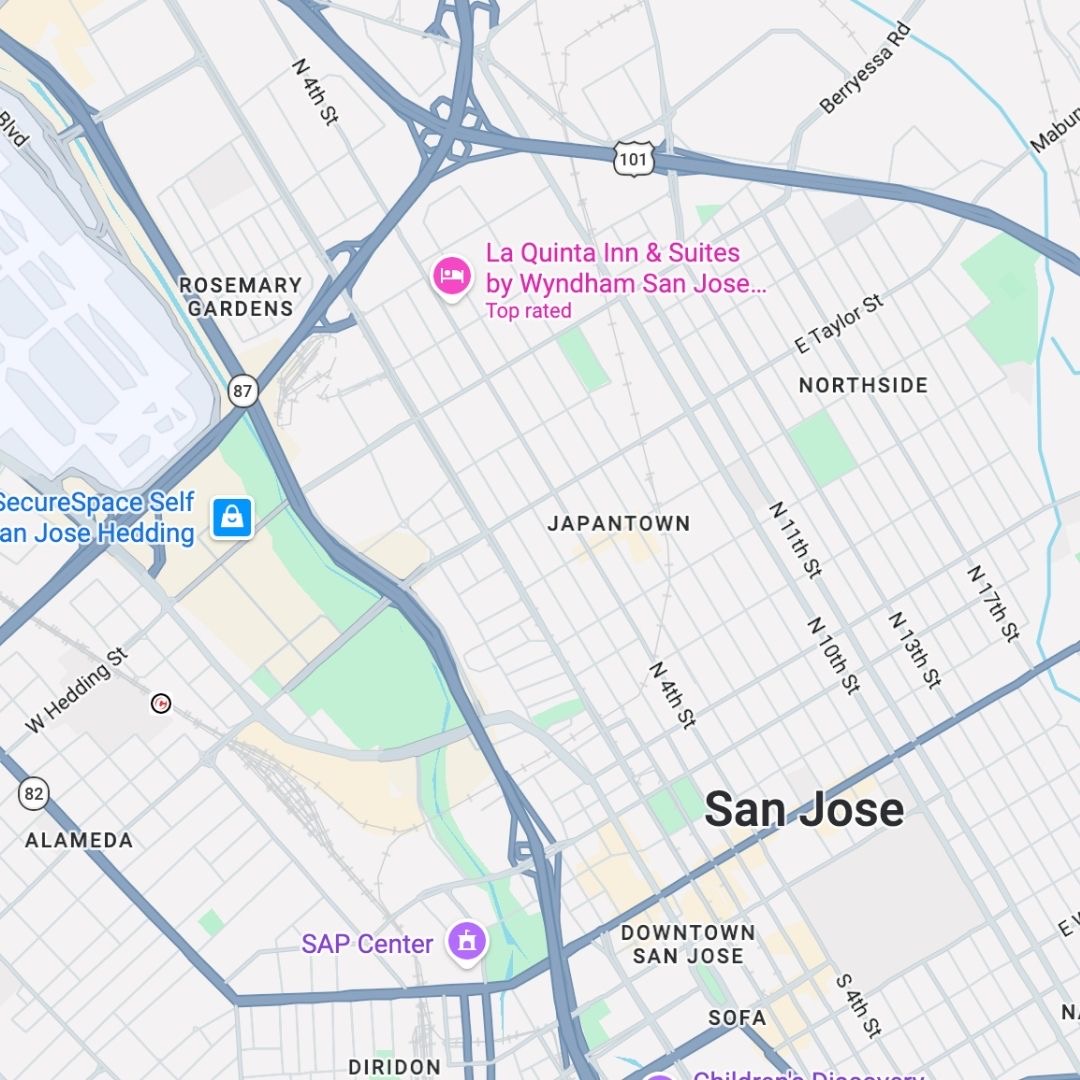 Street map of San Jose, California, centering on the Japantown neighborhood, Highway 87, and nearby landmarks like the SAP Center.