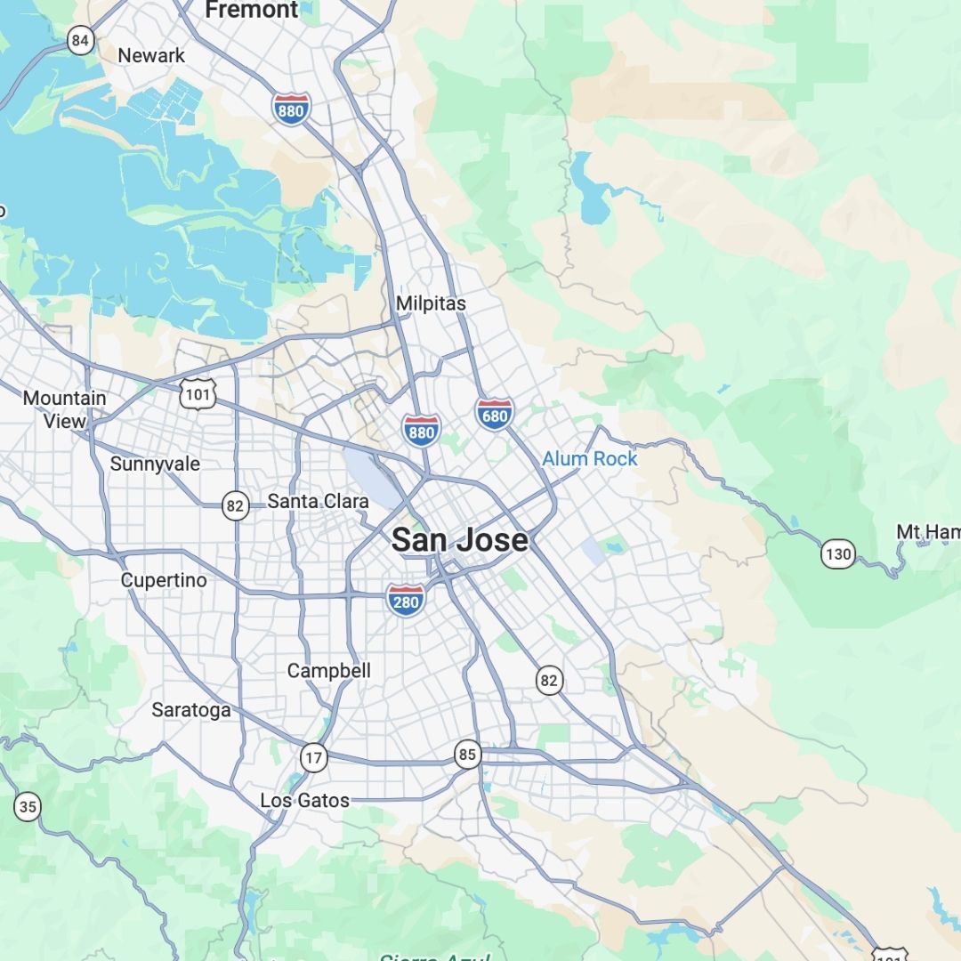 Geographic map showing the South San Francisco Bay area, including San Jose, Fremont, Milpitas, Mountain View, and Sunnyvale.