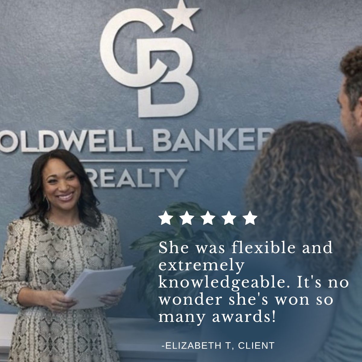 Michelle Elliott, top-rated San Jose Realtor at Coldwell Banker Realty, smiling next to a 5-star client review testimonial quote from Elizabeth T.