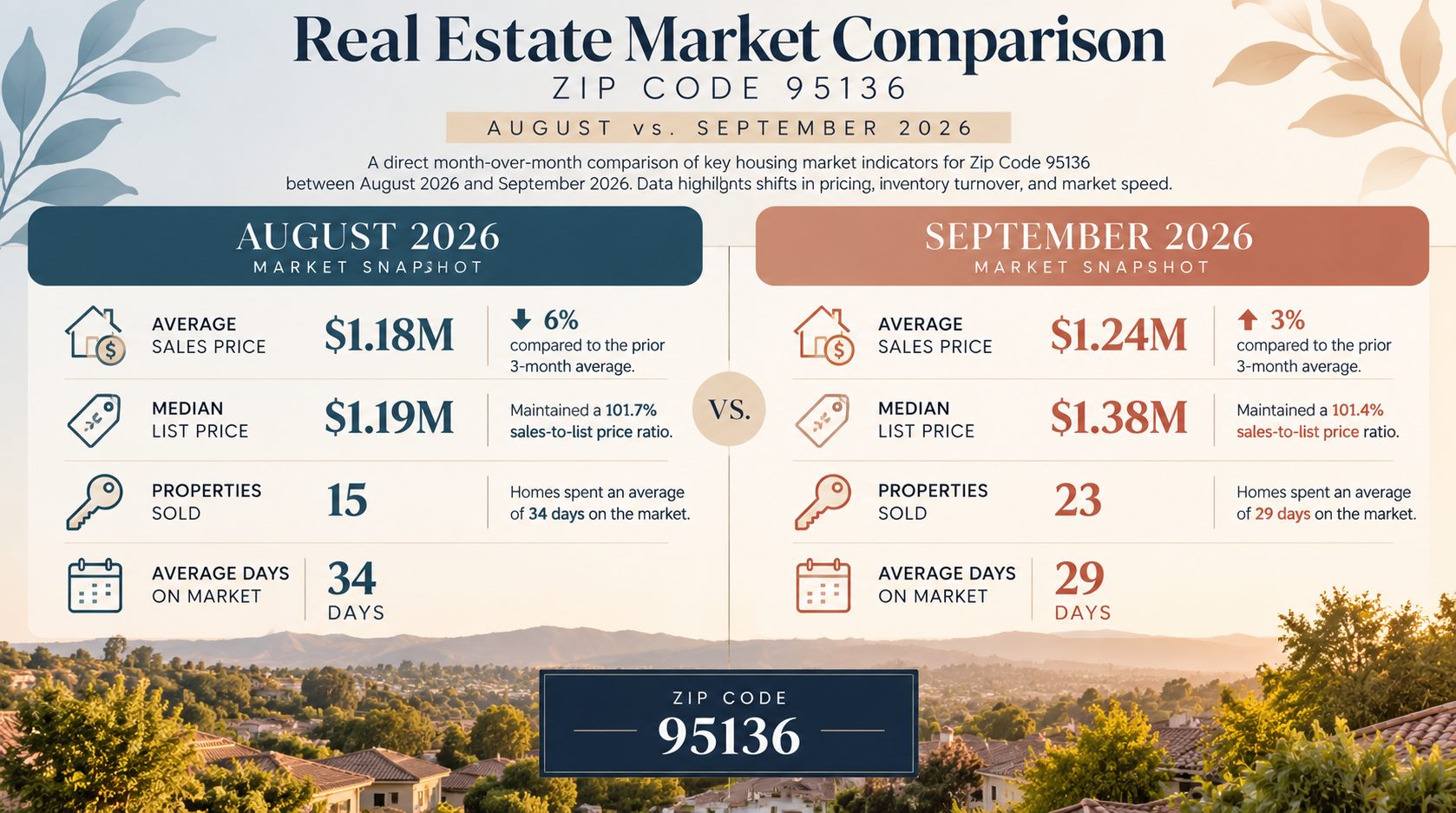 95136 San Jose real estate market comparison for August and September 2026 showing home prices, sales and days on market