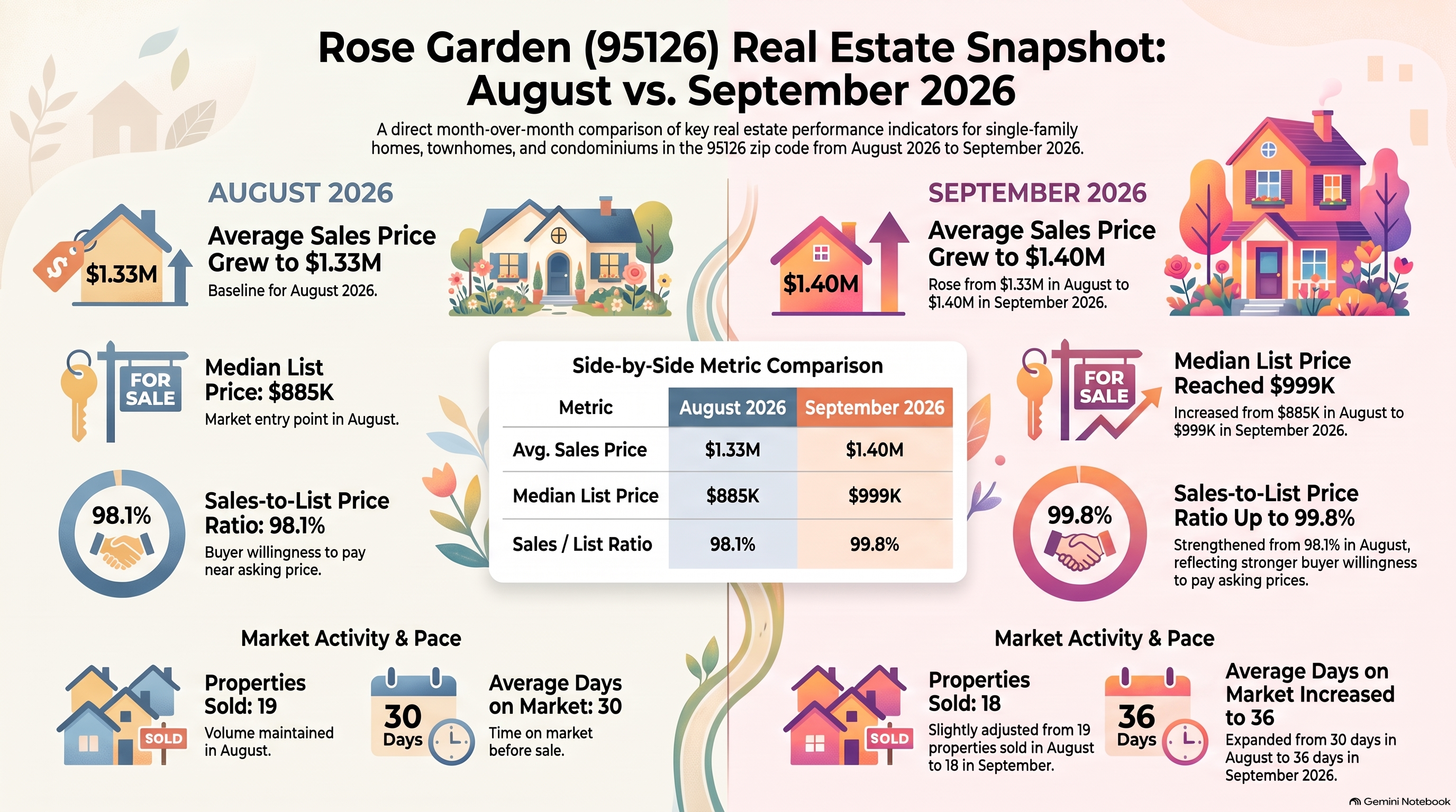 Rose Garden San Jose 95126 real estate market comparison for August and September 2026 showing home prices, sales and days on market