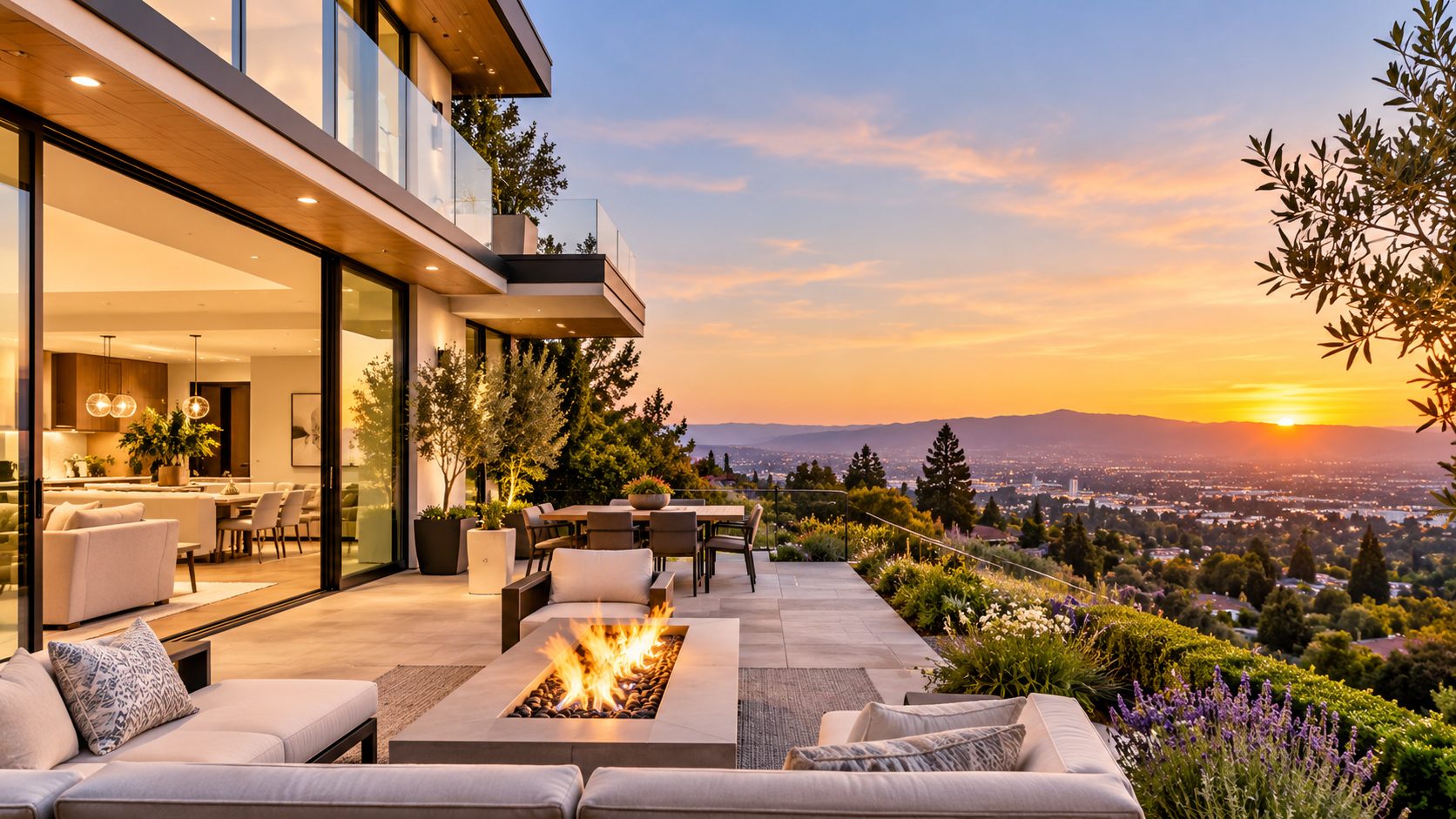 Modern luxury hillside home featuring floor-to-ceiling windows, outdoor terrace, fire pit, and panoramic sunset views.